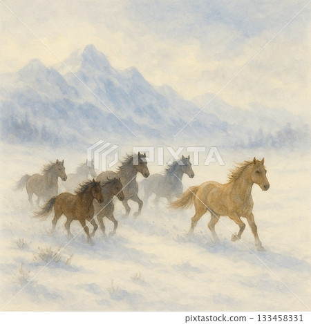 雪地中奔馳的野馬群插畫風景 133458331