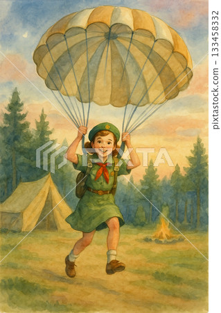 降落傘跳傘中的快樂童子軍女孩插圖 133458332
