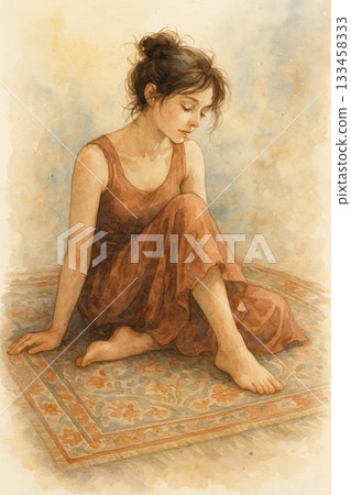 坐在地毯上的沉思女子水彩插圖 133458333