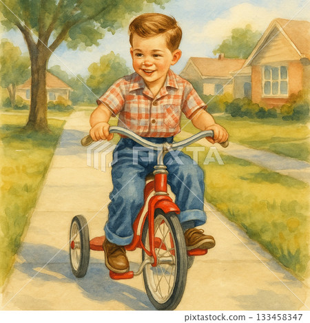 快樂男孩在郊區騎三輪車的插畫 133458347