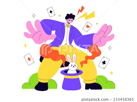 Magician Vector Illustration with Illusionist Conjuring Tricks and Waving a Magic Wand above his Mysterious Hat on a Stage in Flat Cartoon Background Magician Vector Illustration with Illusionist Conjuring Tricks and Waving a Magic Wand above his Mysterious Hat on a Stage in Flat Cartoon Background 133458365