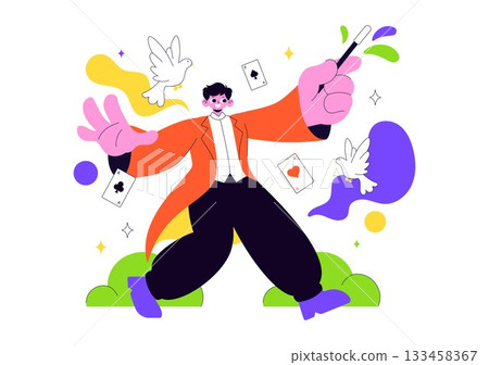 Magician Vector Illustration with Illusionist Conjuring Tricks and Waving a Magic Wand above his Mysterious Hat on a Stage in Flat Cartoon Background Magician Vector Illustration with Illusionist Conjuring Tricks and Waving a Magic Wand above his Mysterious Hat on a Stage in Flat Cartoon Background 133458367
