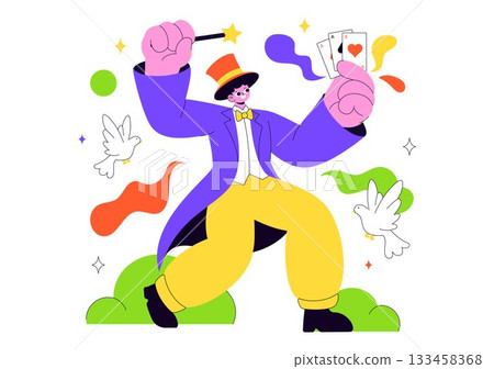 Magician Vector Illustration with Illusionist Conjuring Tricks and Waving a Magic Wand above his Mysterious Hat on a Stage in Flat Cartoon Background Magician Vector Illustration with Illusionist Conjuring Tricks and Waving a Magic Wand above his Mysterious Hat on a Stage in Flat Cartoon Background 133458368