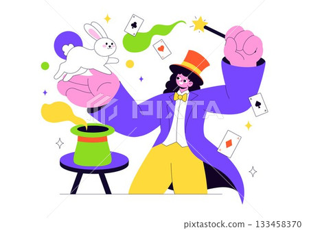 Magician Vector Illustration with Illusionist Conjuring Tricks and Waving a Magic Wand above his Mysterious Hat on a Stage in Flat Cartoon Background 133458370