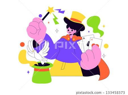 Magician Vector Illustration with Illusionist Conjuring Tricks and Waving a Magic Wand above his Mysterious Hat on a Stage in Flat Cartoon Background Magician Vector Illustration with Illusionist Conjuring Tricks and Waving a Magic Wand above his Mysterious Hat on a Stage in Flat Cartoon Background 133458373