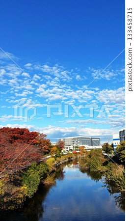 A clear autumn sky, clouds reflected on the water, and a riverscape of beautiful autumn leaves A clear autumn sky, clouds reflected on the water, and a riverscape of beautiful autumn leaves 133458715