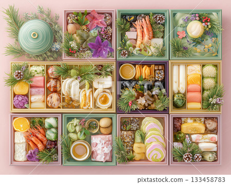 A gorgeous assortment of traditional New Year's dishes 133458783