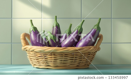 Eggplant organic fresh vegetable on rattan wooden basket 133458997
