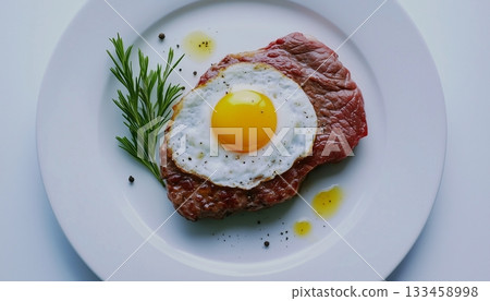 Beef meat with egg yolk and rosemary on white plate in table kitchen 133458998