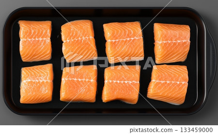 Salmon slice arranged ready to baked on black pan for dinner Salmon slice arranged ready to baked on black pan for dinner 133459000