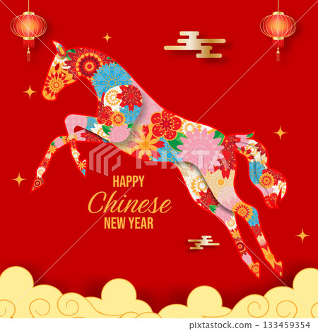 Chinese New Year 2026: Gold Horse Zodiac Sign on Red. Luxurious and festive design featuring the Year of the Horse decorated with abstract gilded flowers. 133459354