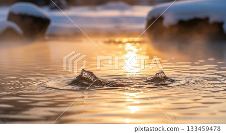 冬日黃昏，露天溫泉籠罩在柔和的光線中，背景是空曠的空地。 133459478