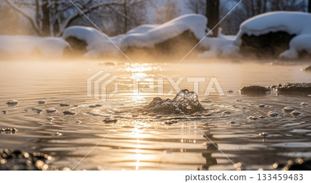 Winter scene background with open-air hot spring at dusk and empty space surrounded by gentle light 133459483
