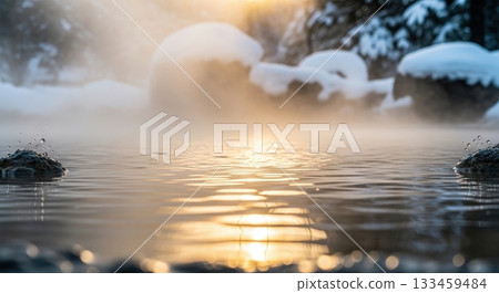 Winter scene background with open-air hot spring at dusk and empty space surrounded by gentle light 133459484
