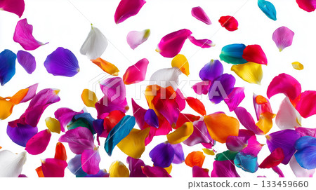 Vivid multicolored petal burst, flying dynamic material on pure white background 133459660