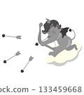 An illustration of a devil-hearted Cupid riding a cloud and mischievously firing arrows 133459668