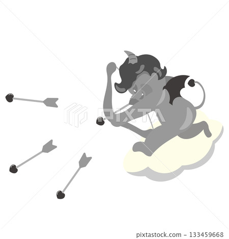 一幅描繪心懷鬼胎的丘比特騎著雲朵，調皮地射箭的插圖 133459668