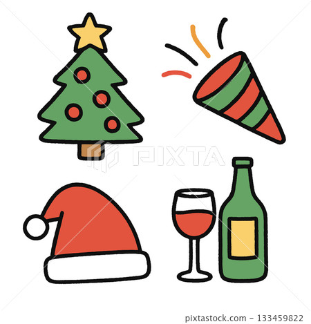 Christmas tree, party popper, Santa hat, wine bottle, and glass illustration for festive Christmas tree, party popper, Santa hat, wine bottle, and glass illustration for festive 133459822