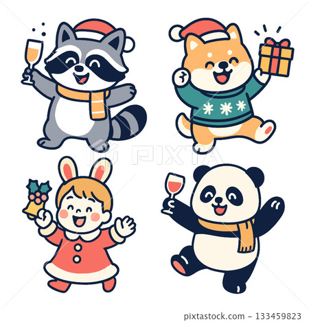 Cute raccoon dog rabbit panda wearing Christmas hat holding gift and drink celebrating New Year Cute raccoon dog rabbit panda wearing Christmas hat holding gift and drink celebrating New Year 133459823