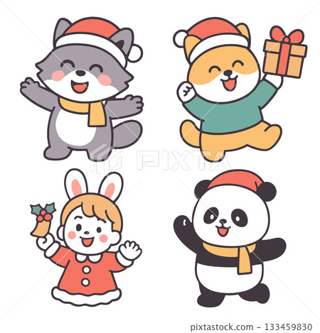 Cute animal characters wearing Santa hats, smiling, celebrating Christmas with festive joy Cute animal characters wearing Santa hats, smiling, celebrating Christmas with festive joy 133459830
