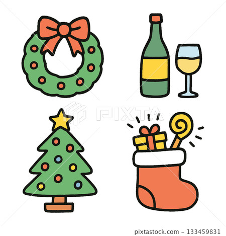 Christmas wreath, wine bottle, Christmas tree, stocking with gift, festive, colorful, cheerful 133459831