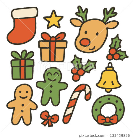 Christmas stocking star reindeer present holly bell gingerbread candy cane wreath 133459836