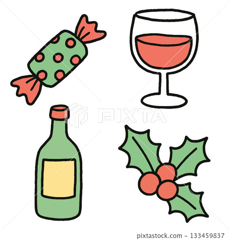 Candy wine glass bottle holly festive red green celebration holiday cheerful 133459837