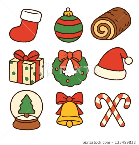 Christmas stocking ornament yule log gift wreath Santa hat snow globe bell candy cane 133459838