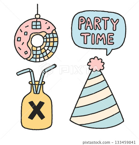 Party time speech bubble, pastel donut, striped party hat, and drink bottle illustration 133459841