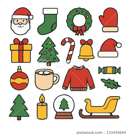 Christmas icon set Santa stocking wreath mitten gift tree candy bell hat ornament mug sweater Christmas icon set Santa stocking wreath mitten gift tree candy bell hat ornament mug sweater 133459844