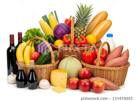 Abundant fresh groceries in wicker baskets with fruits vegetables and pantry items 133459885