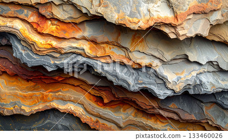 Dynamic stratum texture with undulating layers of vibrant rust and gray. 133460026