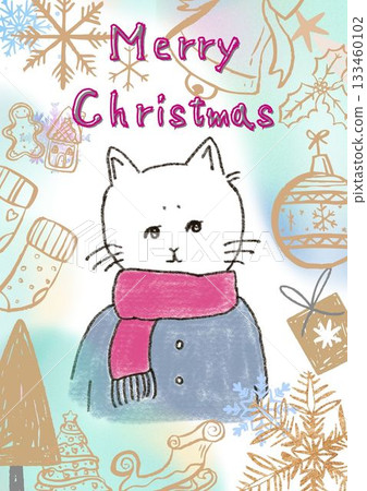 Cute hand-drawn illustration of a cat celebrating Christmas Day 133460102
