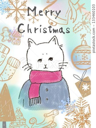 Cute hand-drawn illustration of a cat celebrating Christmas Day 133460103