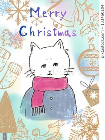 Cute hand-drawn illustration of a cat celebrating Christmas Day 133460104