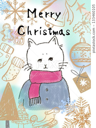 Cute hand-drawn illustration of a cat celebrating Christmas Day 133460105