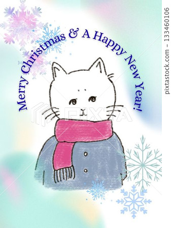 Cute hand-drawn illustration of a cat celebrating Christmas Day 133460106