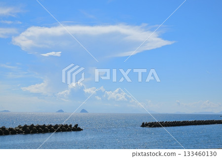 The view from Ikitsuki Ohashi Roadside Station, with the island silhouette in the distance 133460130