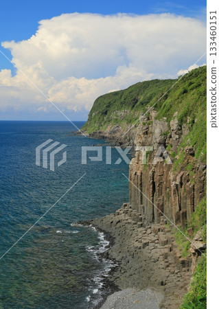The view of Shiotawara Cliffs on Ikitsuki Island in Hirado, carved by the rough waves of the Genkai Sea 133460151