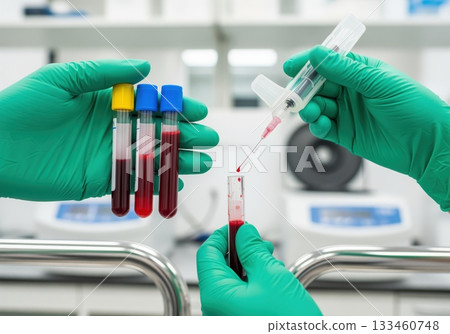 Medical professional gloved hands handling blood samples in test tubes and syringe for laboratory analysis 133460748