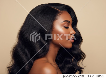 Stunning african american woman with perfect wavy dark hair and radiant skin 133460858
