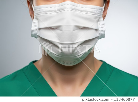 Medical professional wearing a white disposable face mask and green scrubs 133460877