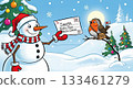Snowman and robin with letter to Santa, christmas magic, winter holiday, festive wish delivery, joy 133461279