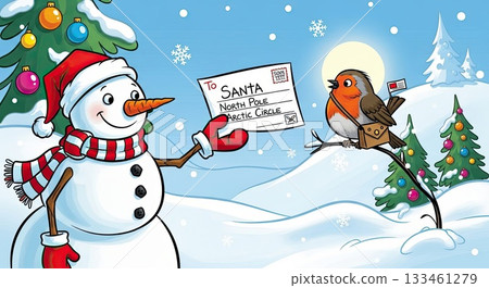 Snowman and robin with letter to Santa, christmas magic, winter holiday, festive wish delivery, joy Snowman and robin with letter to Santa, christmas magic, winter holiday, festive wish delivery, joy 133461279