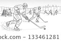 Hockey players on ice rink in black-white sketch, showing winter sport, team game, dynamic action 133461281