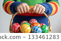 Easter eggs, colorful and festive, fill basket held by child, symbolizes spring joy 133461283