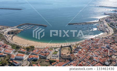 sines portugal. coastal scenic panorama, vivid aerial scene of tranquil beach area, highaltitude perspective showcasing serene sines cove with inviting waters sines portugal. coastal scenic panorama, vivid aerial scene of tranquil beach area, highaltitude perspective showcasing serene sines cove with inviting waters 133461430