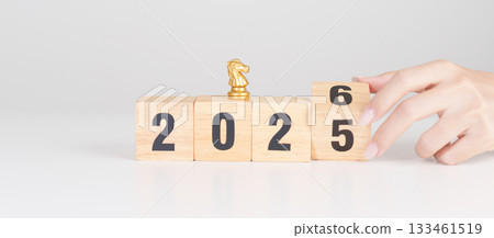 Happy New Year 2025 change to 2026 year block with horse chess. Year of the Horse, animals of the Chinese zodiac, horoscope, success and good fortune Happy New Year 2025 change to 2026 year block with horse chess. Year of the Horse, animals of the Chinese zodiac, horoscope, success and good fortune 133461519