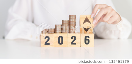 2026 New year with change to UP and Down arrow with coin stack. Interest rate, GDP, stocks market, financial, deflation and Inflation, mortgage, debt, Loan and Economic Recession 2026 New year with change to UP and Down arrow with coin stack. Interest rate, GDP, stocks market, financial, deflation and Inflation, mortgage, debt, Loan and Economic Recession 133461579