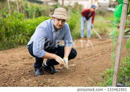 Man buries berry and vegetable seeds in ground in garden bed Man buries berry and vegetable seeds in ground in garden bed 133461981